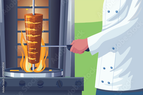 Open Kitchen Shawarma Station Scene Vector Illust