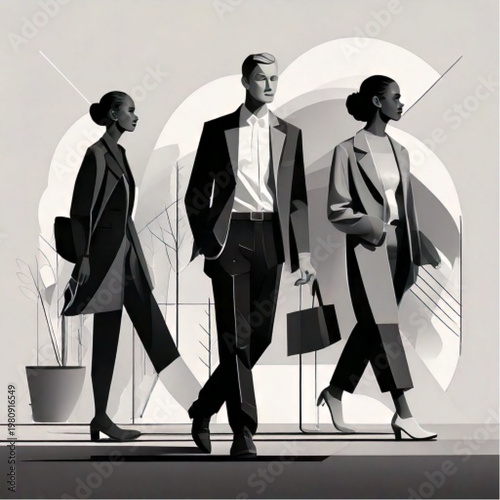 Three diverse business professionals walking confidently together in a modern office setting.