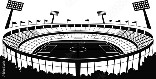 Black and white soccer stadium silhouette illustration with football field empty arena seating and bright floodlights for sports tournament championship and competition