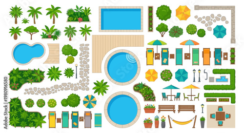 Top down view of a colorful resort landscape with pools and furniture