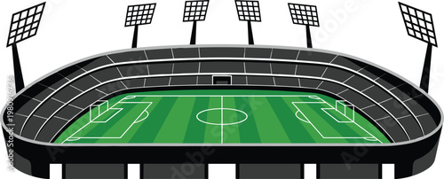 Professional football stadium illustration with green grass pitch soccer field background empty arena seating with bright floodlights for sport tournament and competition