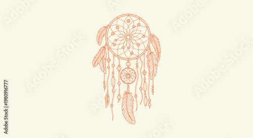 Dreamcatcher Illustration Hand Drawn Line Art Boho Tribal Style Decoration with Feathers and Beads