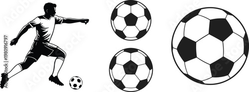 Black and white illustration of soccer player dribbling ball with set of football icons for sports graphic design tournament championship and competition