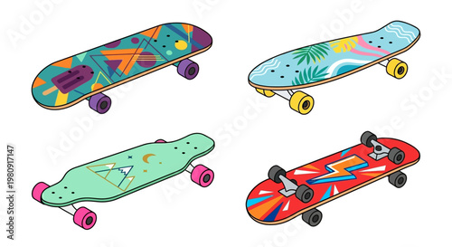 Four colorful skateboards with unique geometric and tropical designs