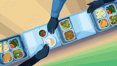 Packing Food Into Catering Boxes Scene Vector Ill