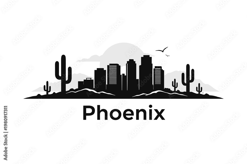 Fototapeta premium Phoenix Arizona City Skyline Silhouette with Cacti and Desert Landscape – Minimalist Black 2D Vector Illustration