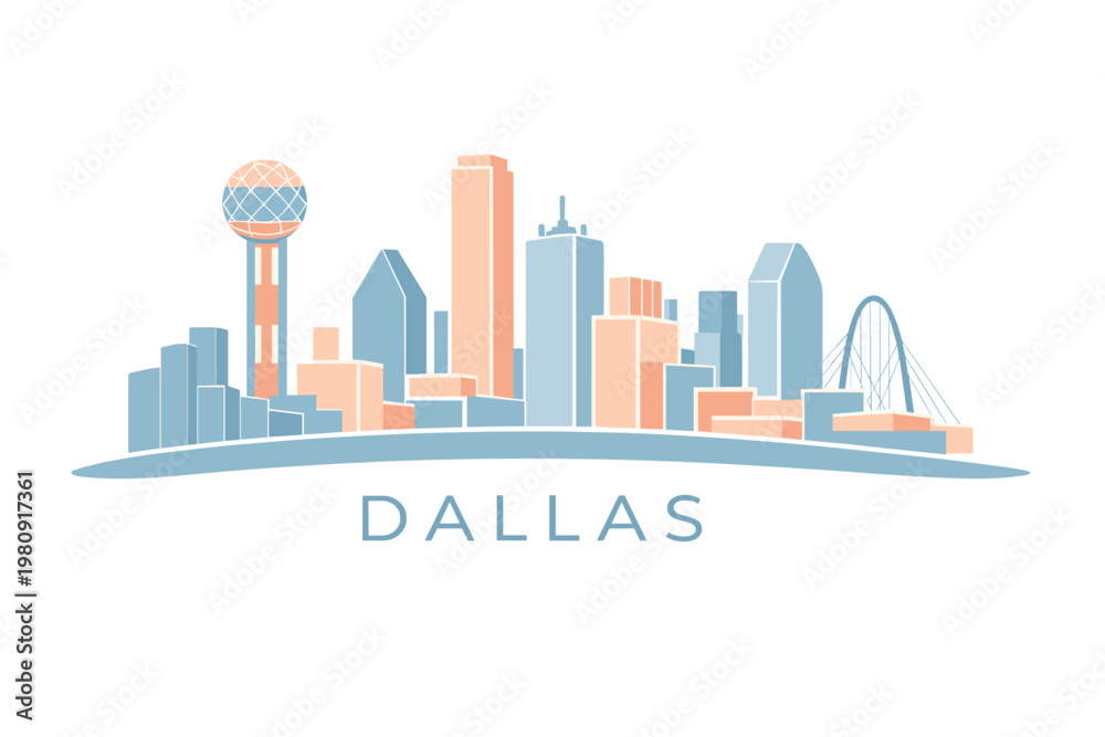Fototapeta premium Dallas Skyline Vector Illustration - Minimalist Flat Design with Reunion Tower and Margaret Hunt Hill Bridge