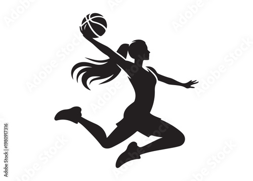women's basketball dunking logo silhouette vector, basketball logo silhouette vector illustration, sport basketball logo vector, basketball player dunking logo vector silhouette on white background