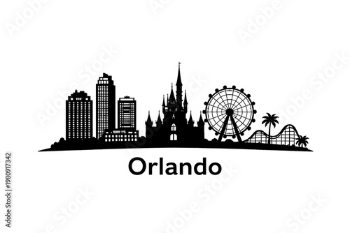 Orlando Skyline Silhouette Vector Illustration - Black Minimalist Cityscape Icon with Ferris Wheel, Castle and Roller Coaster