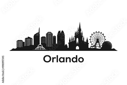 Orlando Skyline Silhouette Vector Illustration - Black Minimalist Cityscape Icon with Ferris Wheel and Castle