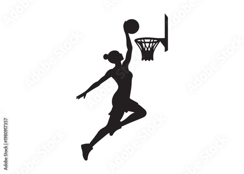 women's basketball dunking logo silhouette vector, basketball logo silhouette vector illustration, sport basketball logo vector, basketball player dunking logo vector silhouette on white background