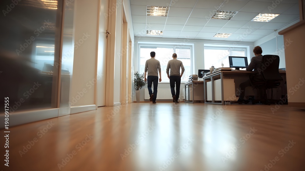 Fototapeta premium Professionals walking through a brightly lit modern corporate office space featuring natural light and contemporary design