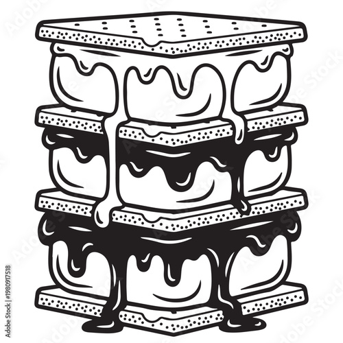 Stack of three s'mores with melting marshmallows and chocolate vector illustration for coloring book or camping design