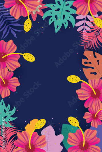 Vibrant tropical border design featuring colorful hibiscus flowers bird of paradise and exotic green palm leaves