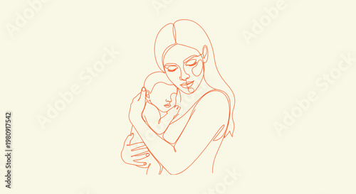 Continuous Line Art of Mother and Baby in a Warm Embrace Symbolizing Love Parenthood and Family