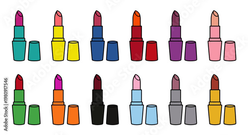 Colorful lipstick tubes and bases arranged in a grid pattern