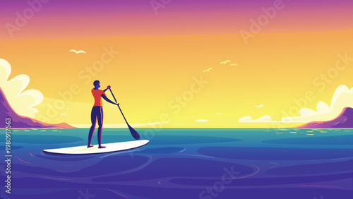 Paddle Boarding Scene Vector Illustration of Pers