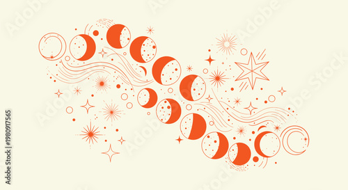 Mystical Celestial Moon Phases Illustration with Stars and Planets Orange Line Art Design Element