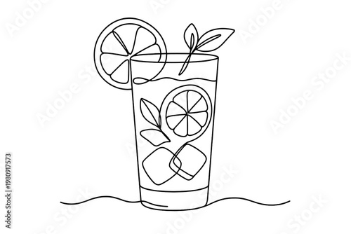 Minimalist Lemonade Art. "Fresh Squeeze". Minimalistic one-line drawing lemonade with lemon slices, ice cubes,