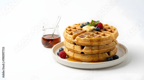 Waffles with Syrup Isolated on White Background Soft Shadow Clean Composition