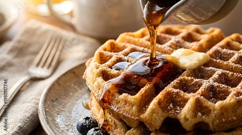 Golden Syrup Drizzling Over Waffles Macro Shot Rich Texture Food Photography