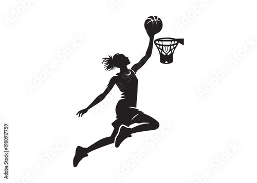women's basketball dunking logo silhouette vector, basketball logo silhouette vector illustration, sport basketball logo vector, basketball player dunking logo vector silhouette on white background