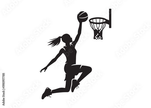 women's basketball dunking logo silhouette vector, basketball logo silhouette vector illustration, sport basketball logo vector, basketball player dunking logo vector silhouette on white background