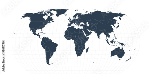 Foto Professional World Map Vector with Graticule Grid, Navy Blue Political Map on Tr