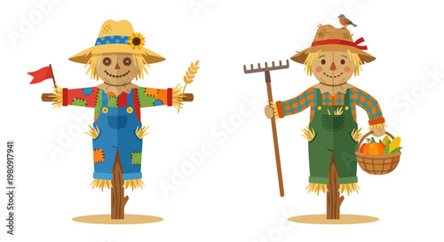 Two cheerful scarecrows stand in a field with autumn harvest items