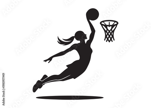 women's basketball dunking logo silhouette vector, basketball logo silhouette vector illustration, sport basketball logo vector, basketball player dunking logo vector silhouette on white background