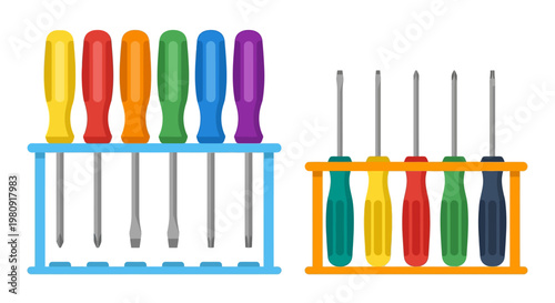 Colorful screwdrivers and bits arranged neatly in a plastic holder