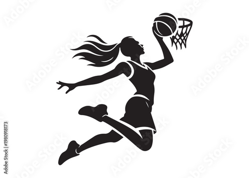 women's basketball dunking logo silhouette vector, basketball logo silhouette vector illustration, sport basketball logo vector, basketball player dunking logo vector silhouette on white background