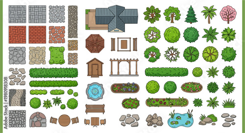 Assorted top down views of buildings trees and landscape elements