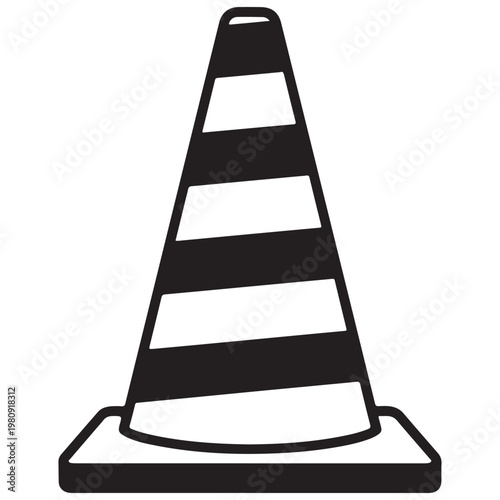 Minimalist black and white traffic cone vector illustration for construction safety and road warning signs