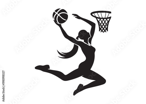 women's basketball dunking logo silhouette vector, basketball logo silhouette vector illustration, sport basketball logo vector, basketball player dunking logo vector silhouette on white background