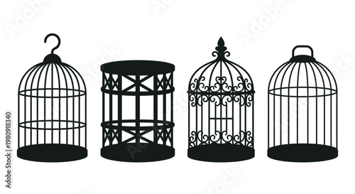 Four decorative birdcages in a black silhouette arrangement