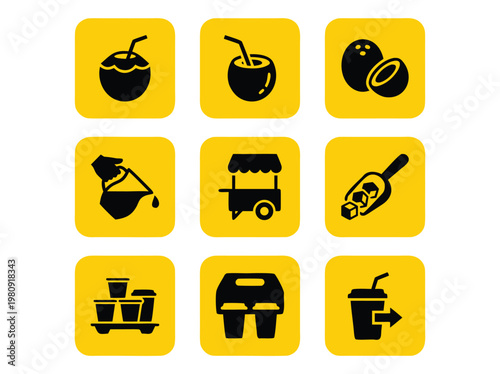 Coconut Drink Icons Set.