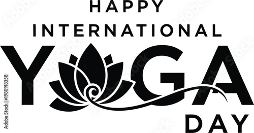Happy International Yoga Day logo with lotus flower design and text on white background