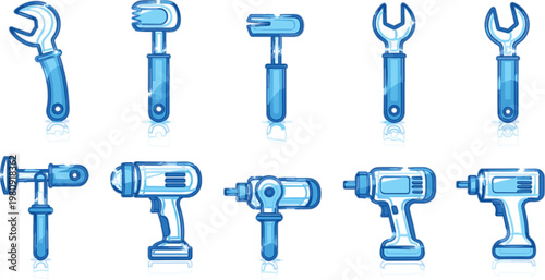 Hand tools and power drill collection in blue glass style, modern vector illustration set for repair, maintenance, construction and mechanical work design