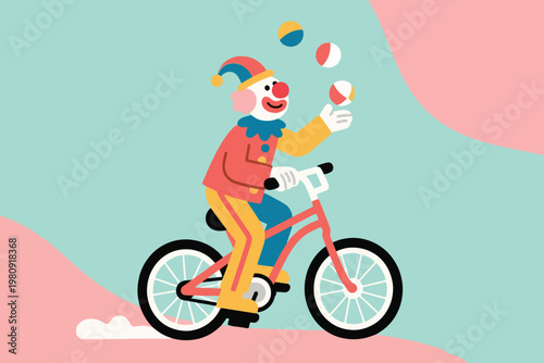 Clown juggling balls while riding bicycle under colorful abstract circus background, vector illustration.