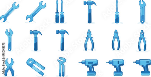 Hand tools and power drill collection with wrenches, hammers and pliers, clean vector illustration set for repair, maintenance, construction and mechanical work design