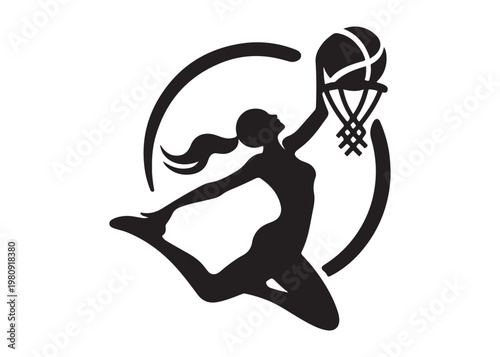 women's basketball dunking logo silhouette vector, basketball logo silhouette vector illustration, sport basketball logo vector, basketball player dunking logo vector silhouette on white background