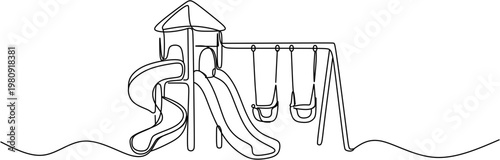 One line drawing of children playground equipment with slides and swings, continuous line art vector illustration of park play set for kids.