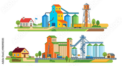 Colorful illustration depicting industrial grain elevators and surrounding rural landscape