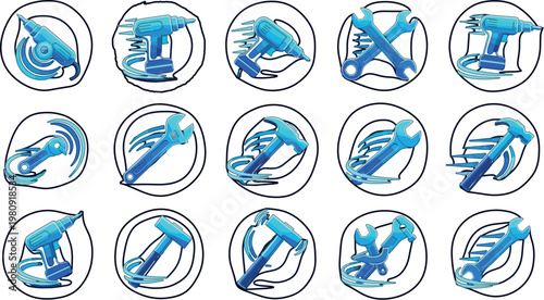Power tools icon collection with drills, saws and wrenches in dynamic style, modern vector set for repair, maintenance, construction and mechanical work design