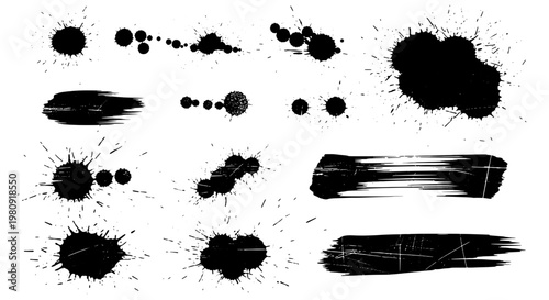 Splatter hand-drawn set with black ink and grunge effects featuring art, design, texture with splat and dots elements for splashes, paint projects,