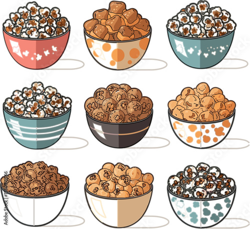 Popcorn bowl collection with different flavors and textures, colorful hand drawn vector illustration set for snack themes, cinema, food menus and playful design use