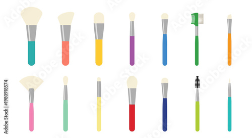 Colorful collection of various makeup brushes and a single toothbrush