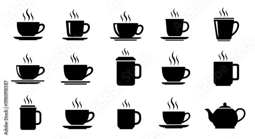 Cup coffee icon with steam rising, multiple styles and views for menu, cafe branding and hot beverage graphics