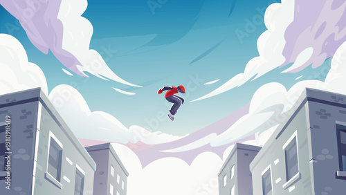 Parkour Jump Between Buildings Scene Vector Illus